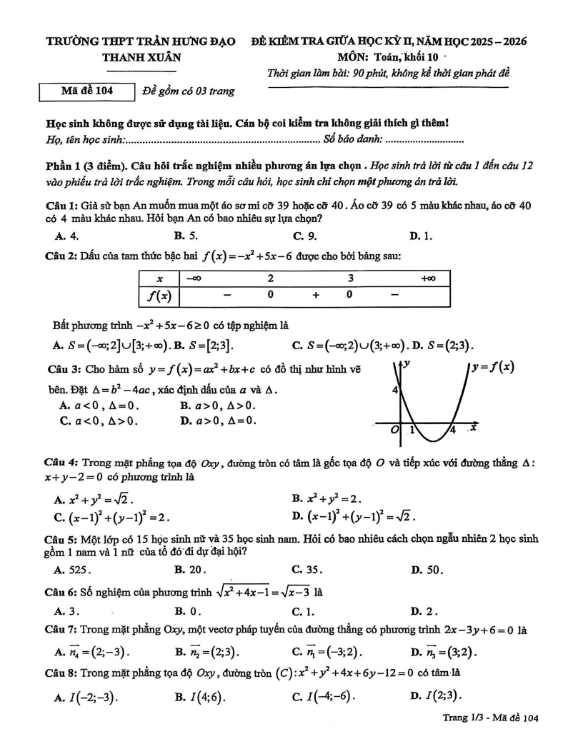 Đề thi Giữa kì 2 Toán 10 trường THPT Trần Hưng Đạo (Hà Nội) năm 2025-2026