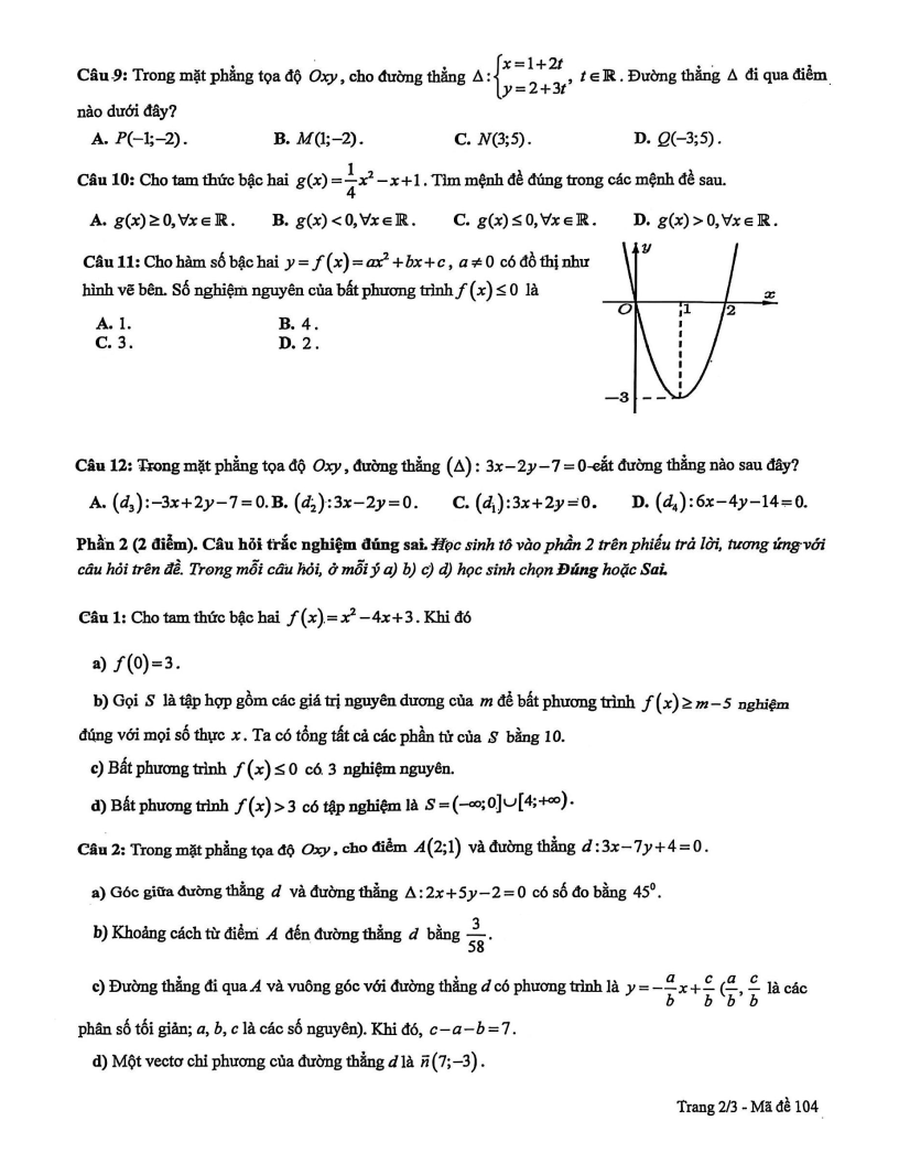 Đề thi Giữa kì 2 Toán 10 trường THPT Trần Hưng Đạo (Hà Nội) năm 2025-2026
