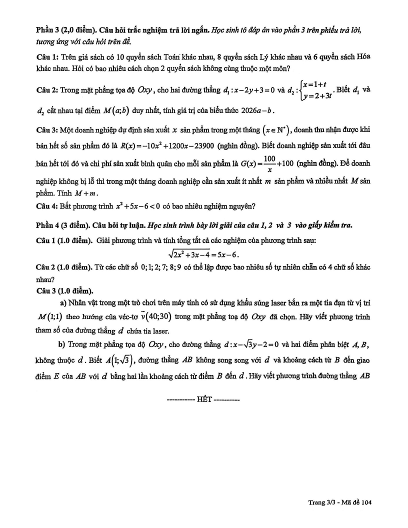Đề thi Giữa kì 2 Toán 10 trường THPT Trần Hưng Đạo (Hà Nội) năm 2025-2026