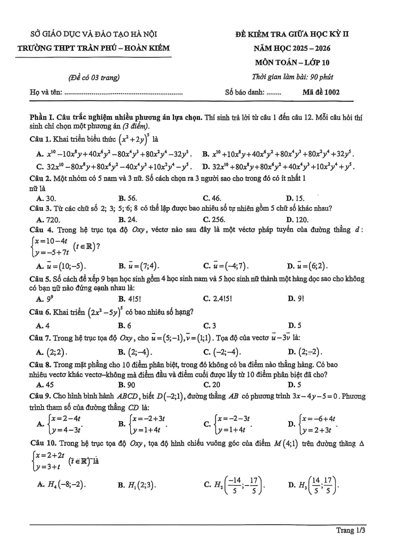 Đề thi Giữa kì 2 Toán 10 trường THPT Trần Phú (Hà Nội) năm 2025-2026