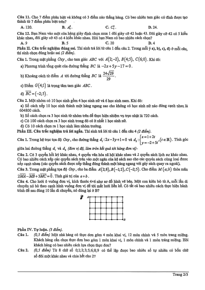Đề thi Giữa kì 2 Toán 10 trường THPT Trần Phú (Hà Nội) năm 2025-2026