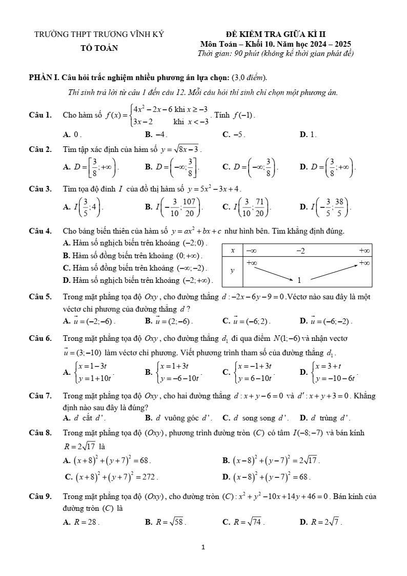 Đề thi Giữa kì 2 Toán 10 trường THPT Trương Vĩnh Ký (Bến Tre) năm 2024-2025