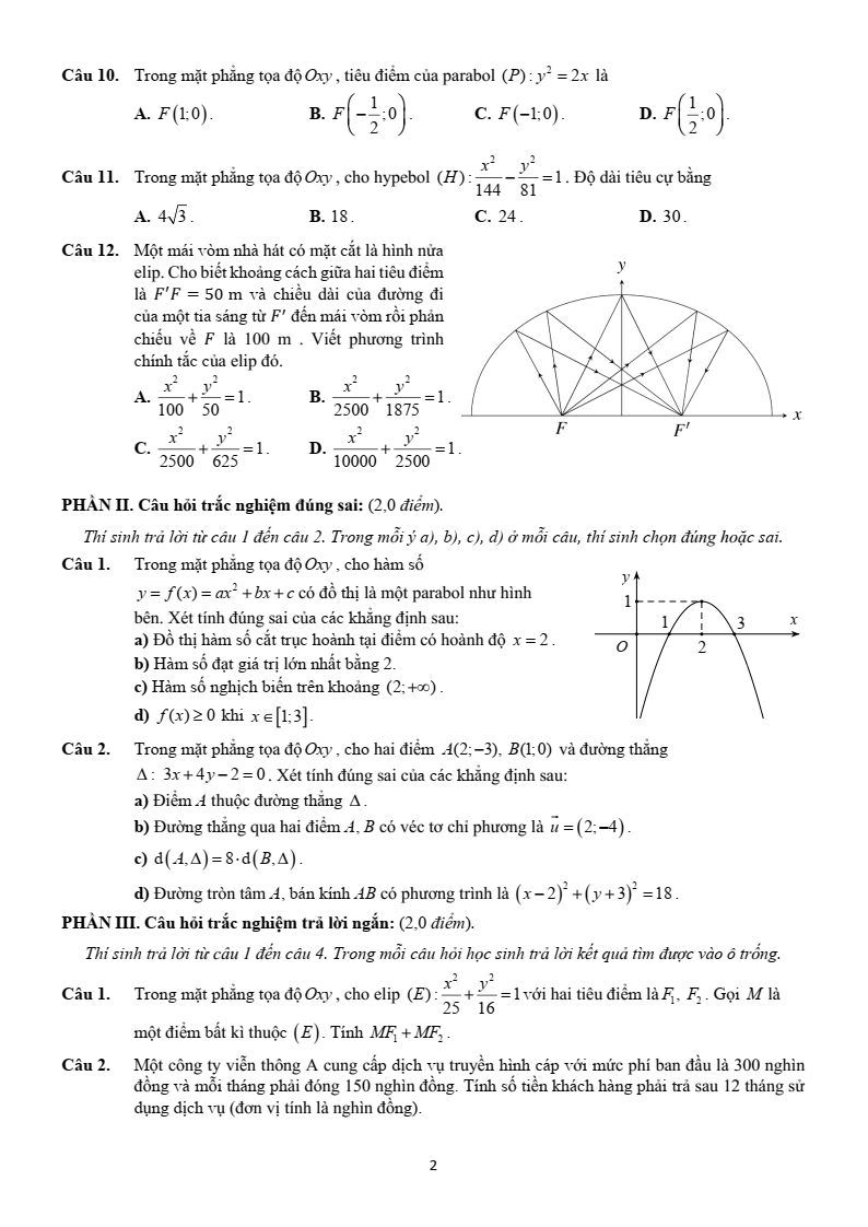 Đề thi Giữa kì 2 Toán 10 trường THPT Trương Vĩnh Ký (Bến Tre) năm 2024-2025