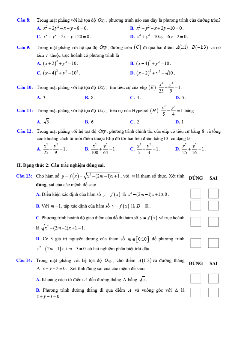 Đề thi Giữa kì 2 Toán 10 trường THPT Việt Đức (Hà Nội) năm 2024-2025