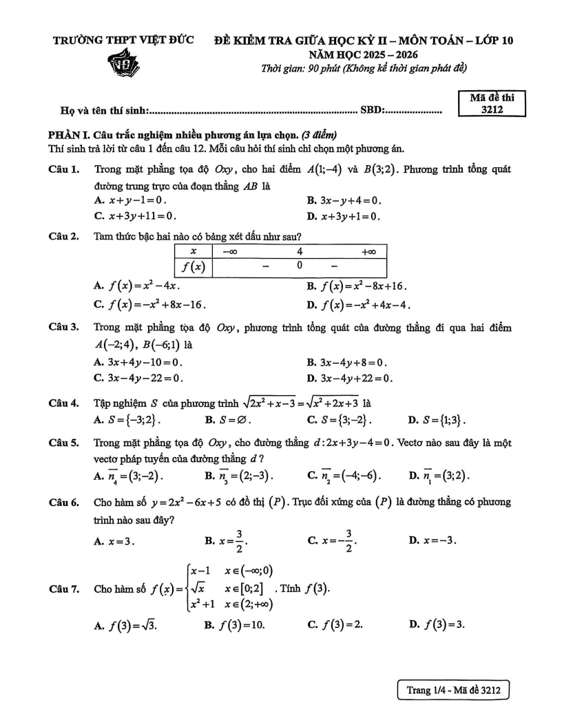 Đề thi Giữa kì 2 Toán 10 trường THPT Việt Đức (Hà Nội) năm 2025-2026