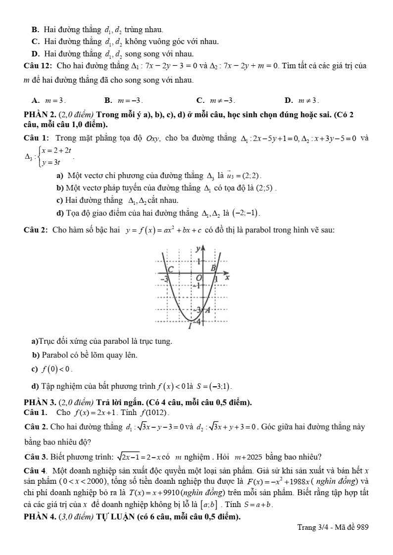 Đề thi Giữa kì 2 Toán 10 trường THPT Vĩnh Linh (Quảng Trị) năm 2024-2025