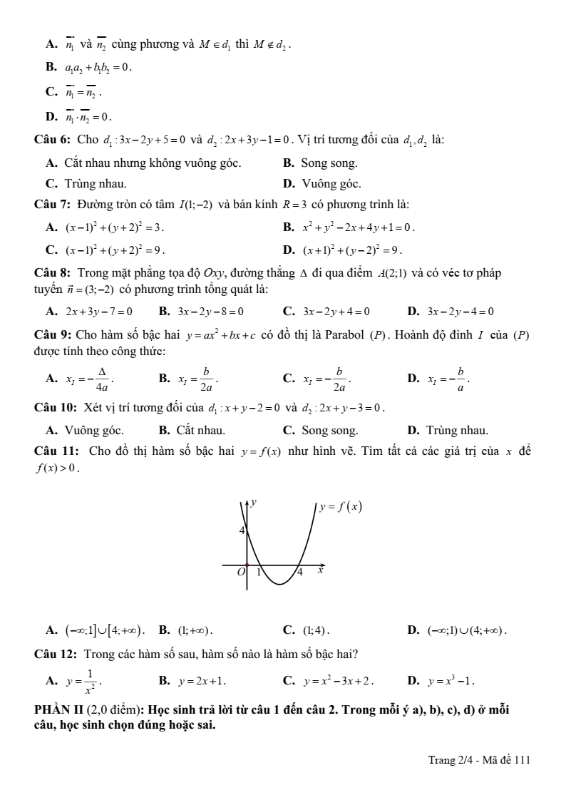 Đề thi Giữa kì 2 Toán 10 trường THPT Vĩnh Linh (Quảng Trị) năm 2025-2026