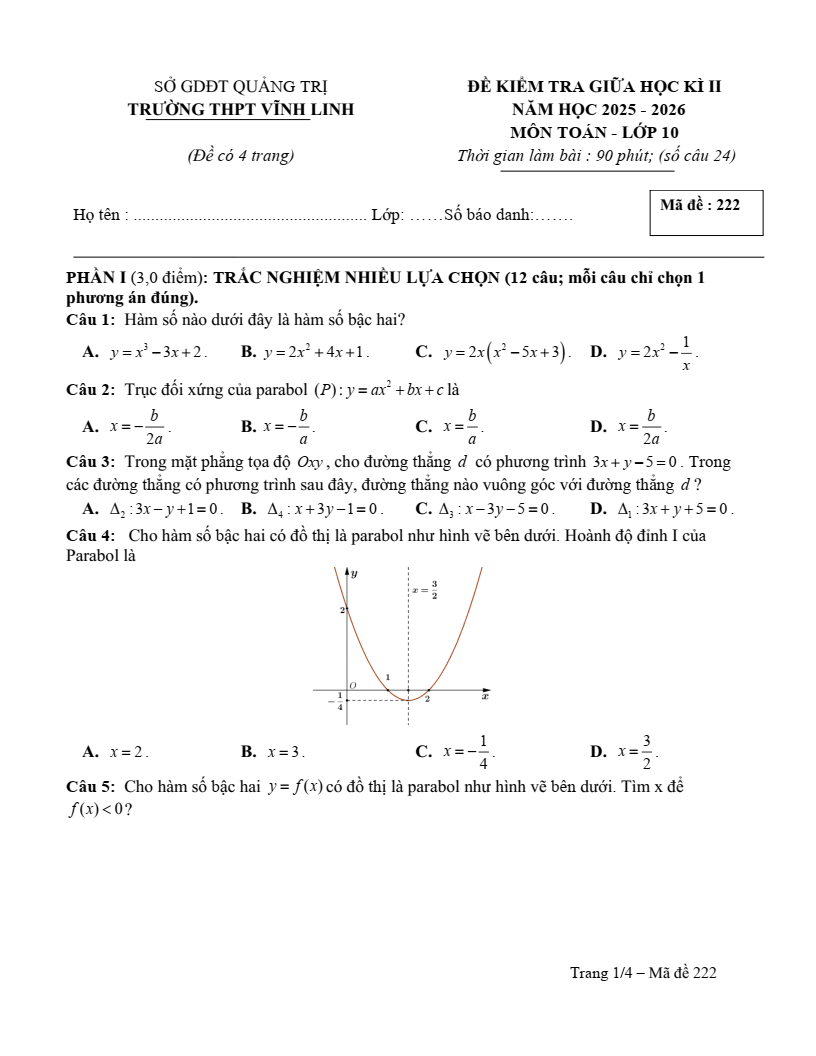 Đề thi Giữa kì 2 Toán 10 trường THPT Vĩnh Linh (Quảng Trị) năm 2025-2026