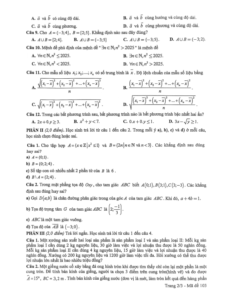 Đề thi Học kì 1 Toán 10 trường chuyên Lê Quý Đôn (Đà Nẵng) năm 2025-2026