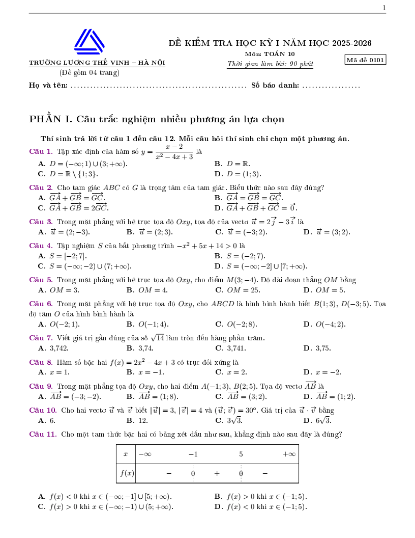 Đề thi Học kì 1 Toán 10 trường Lương Thế Vinh (Hà Nội) năm 2025-2026