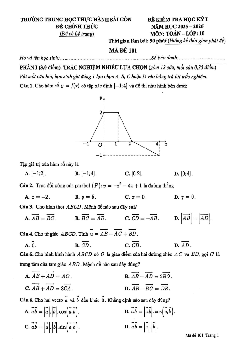 Đề thi Học kì 1 Toán 10 trường Thực hành Sài Gòn (Tp.HCM) năm 2025-2026
