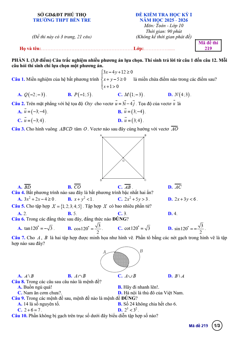 Đề thi Học kì 1 Toán 10 trường THPT Bến Tre (Phú Thọ) năm 2025-2026