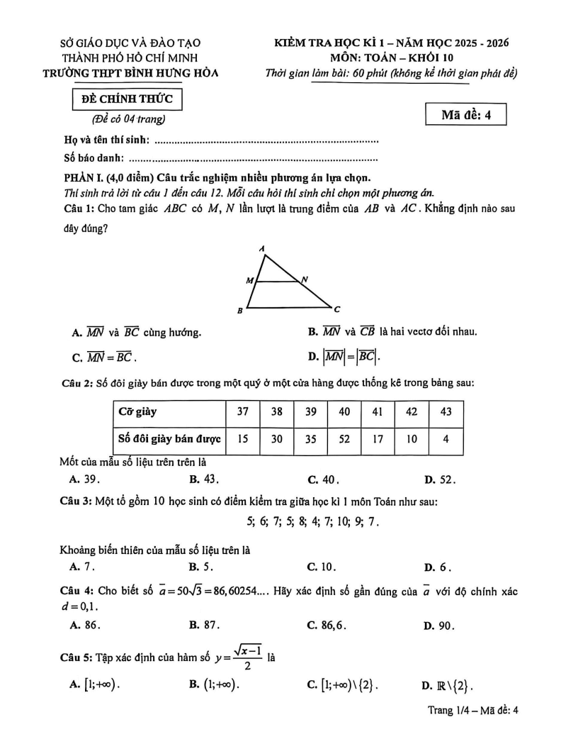 Đề thi Học kì 1 Toán 10 trường THPT Bình Hưng Hòa (Tp.HCM) năm 2025-2026