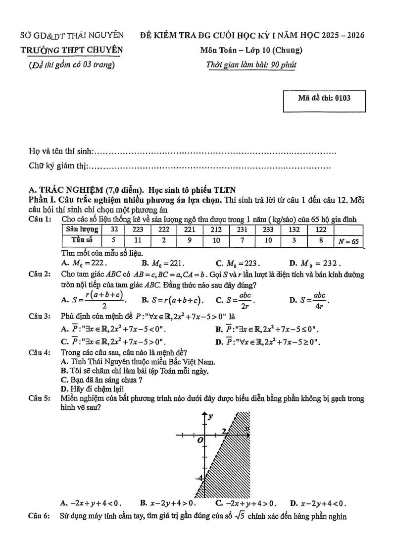 Đề thi Học kì 1 Toán 10 trường THPT chuyên Thái Nguyên năm 2025-2026