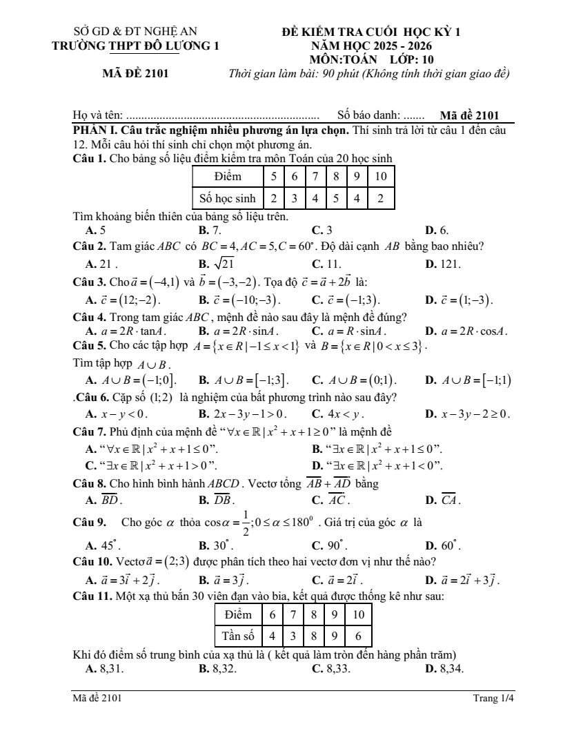 Đề thi Học kì 1 Toán 10 trường THPT Đô Lương 1 (Nghệ An) năm 2025-2026
