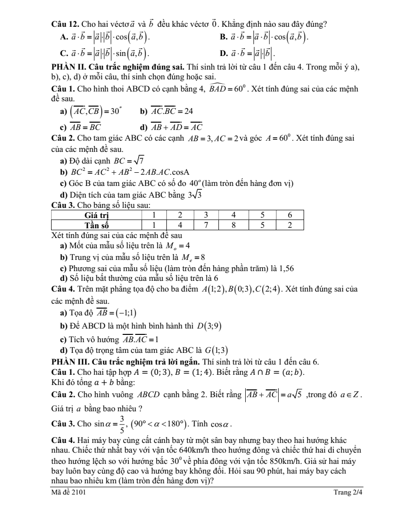 Đề thi Học kì 1 Toán 10 trường THPT Đô Lương 1 (Nghệ An) năm 2025-2026