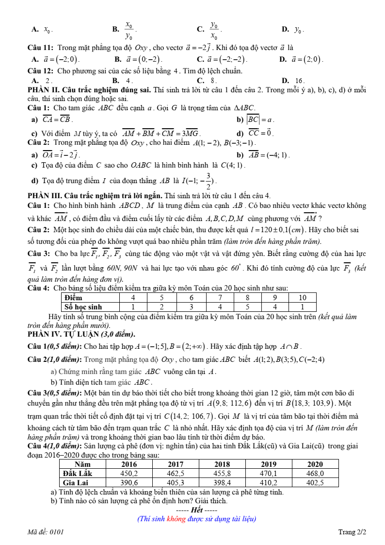 Đề thi Học kì 1 Toán 10 trường THPT Hướng Hóa (Quảng Trị) năm 2025-2026