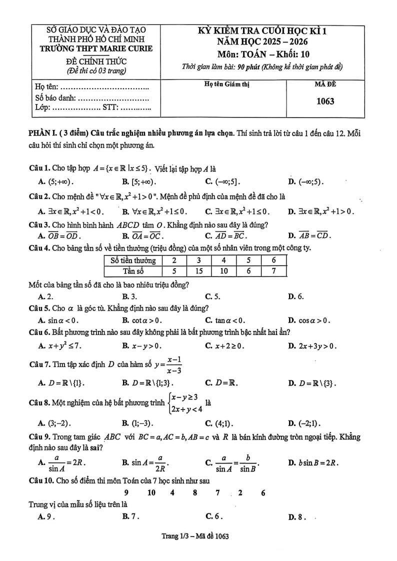 Đề thi Học kì 1 Toán 10 trường THPT Marie Curie (Tp.HCM) năm 2025-2026