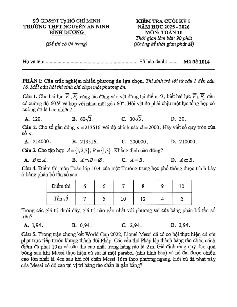 Đề thi Học kì 1 Toán 10 trường THPT Nguyễn An Ninh (Tp.HCM) năm 2025-2026