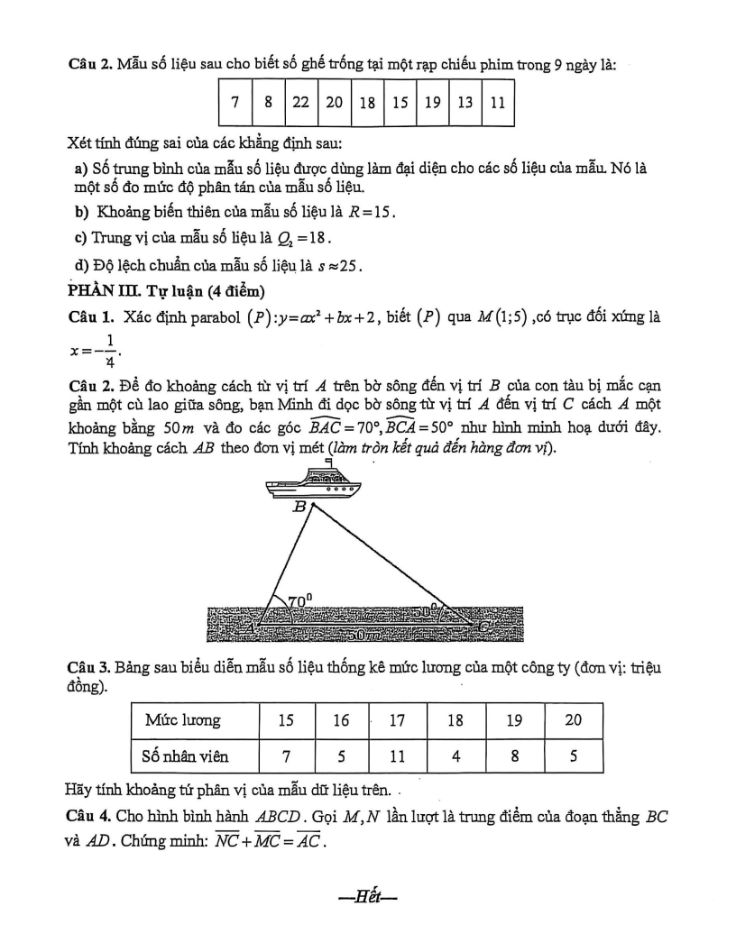 Đề thi Học kì 1 Toán 10 trường THPT Nguyễn An Ninh (Tp.HCM) năm 2025-2026