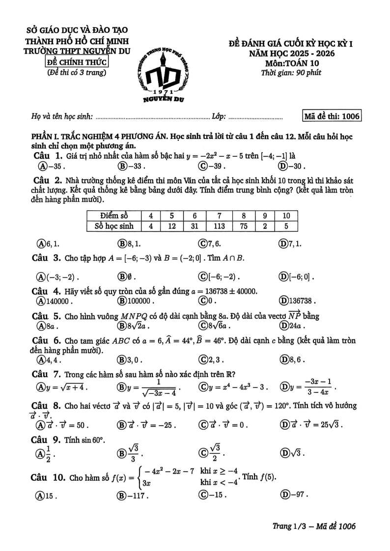 Đề thi Học kì 1 Toán 10 trường THPT Nguyễn Du (Tp.HCM) năm 2025-2026