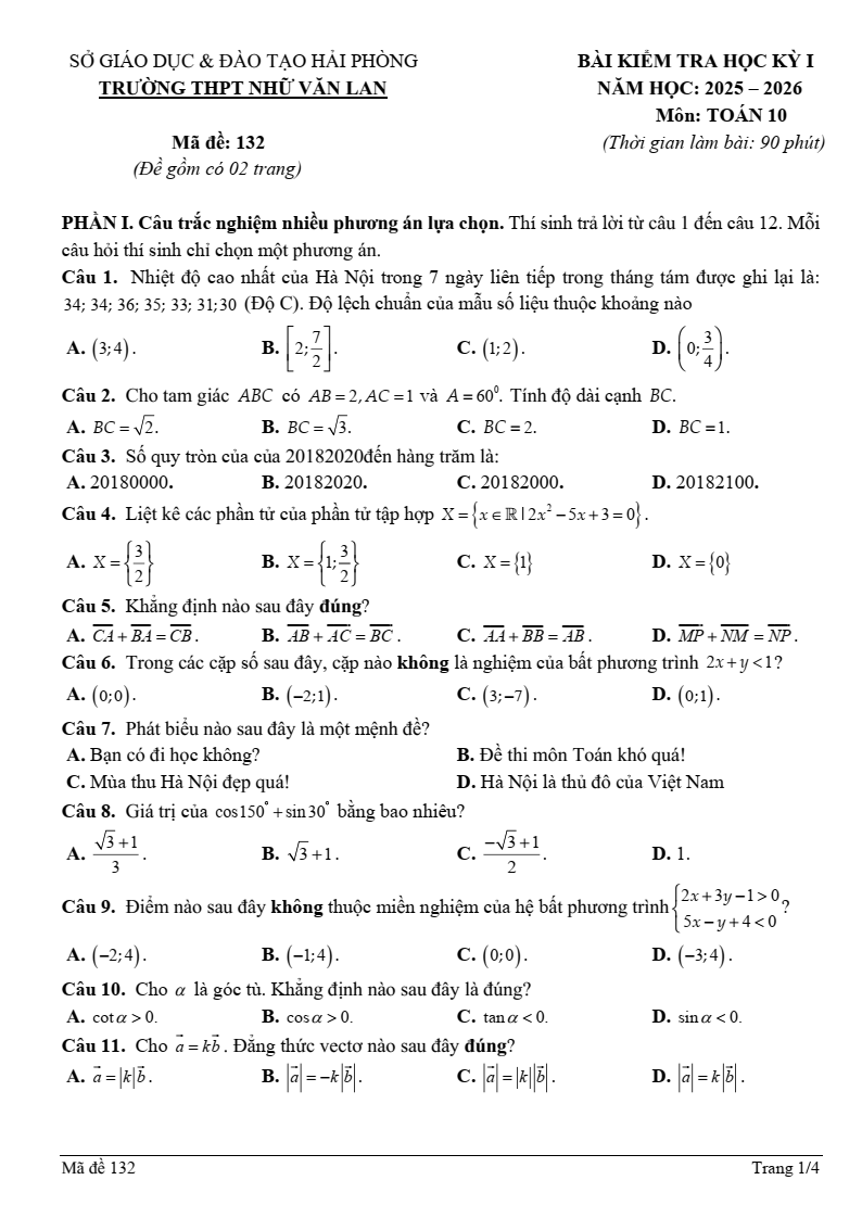 Đề thi Học kì 1 Toán 10 trường THPT Nhữ Văn Lan (Hải Phòng) năm 2025-2026