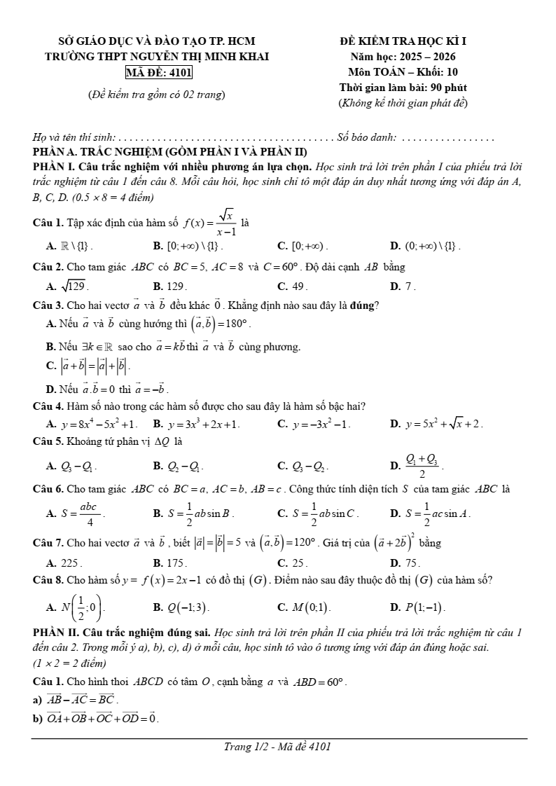 Đề thi Học kì 1 Toán 10 trường THPT Nguyễn Thị Minh Khai (Tp.HCM) năm 2025-2026
