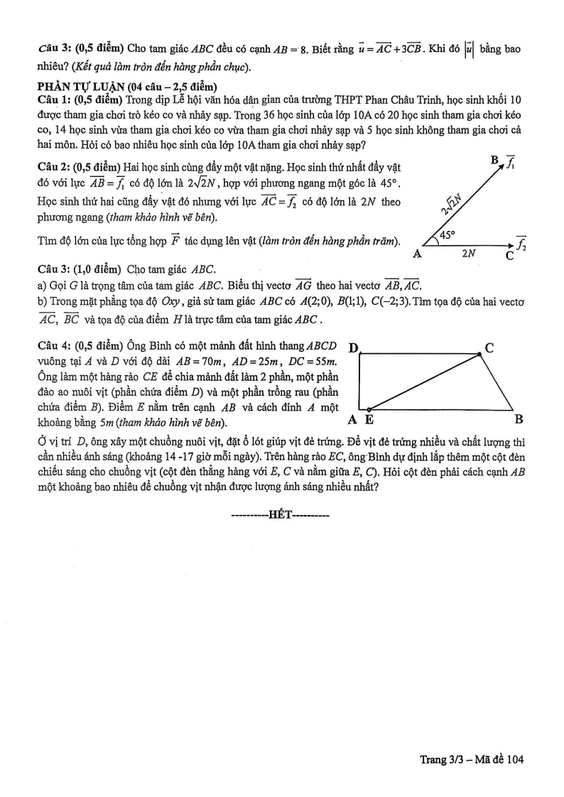 Đề thi Học kì 1 Toán 10 trường THPT Phan Châu Trinh (Đà Nẵng) năm 2025-2026