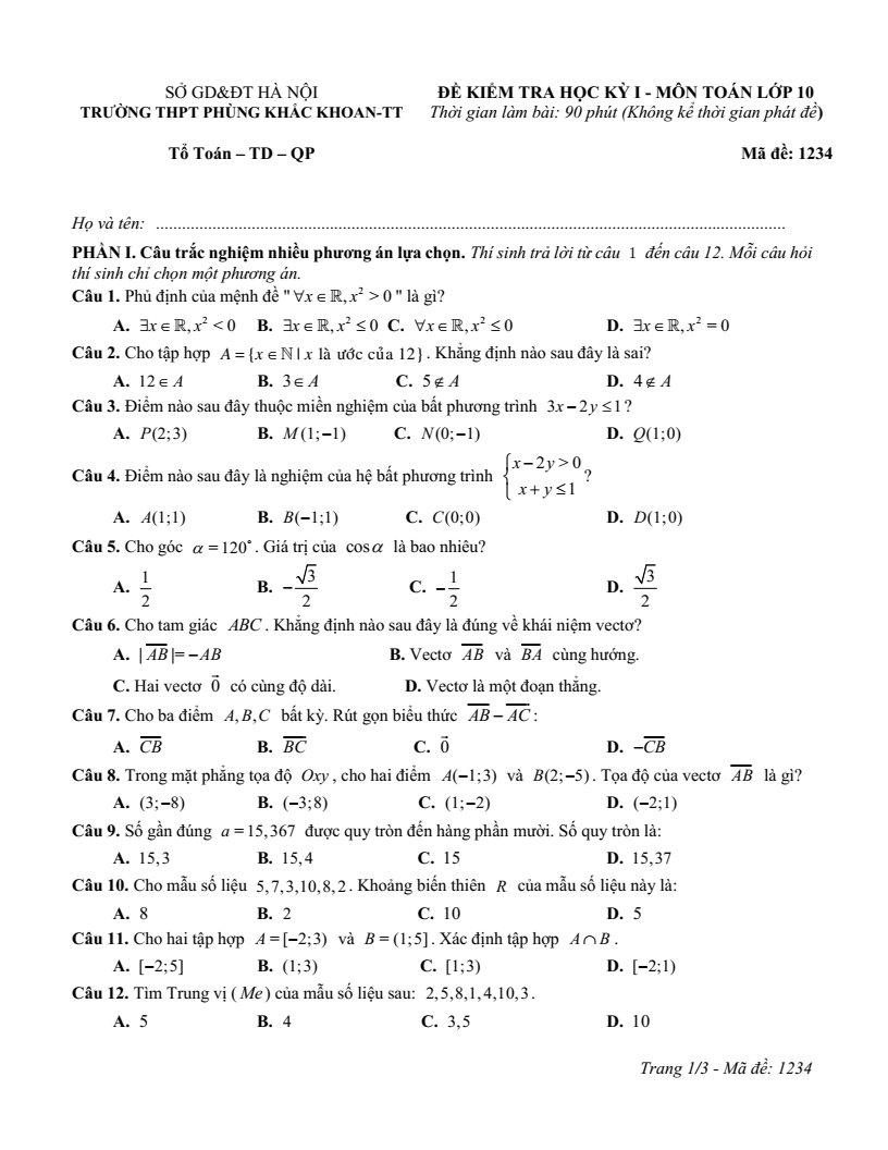 Đề thi Học kì 1 Toán 10 trường THPT Phùng Khắc Khoan (Hà Nội) năm 2025-2026