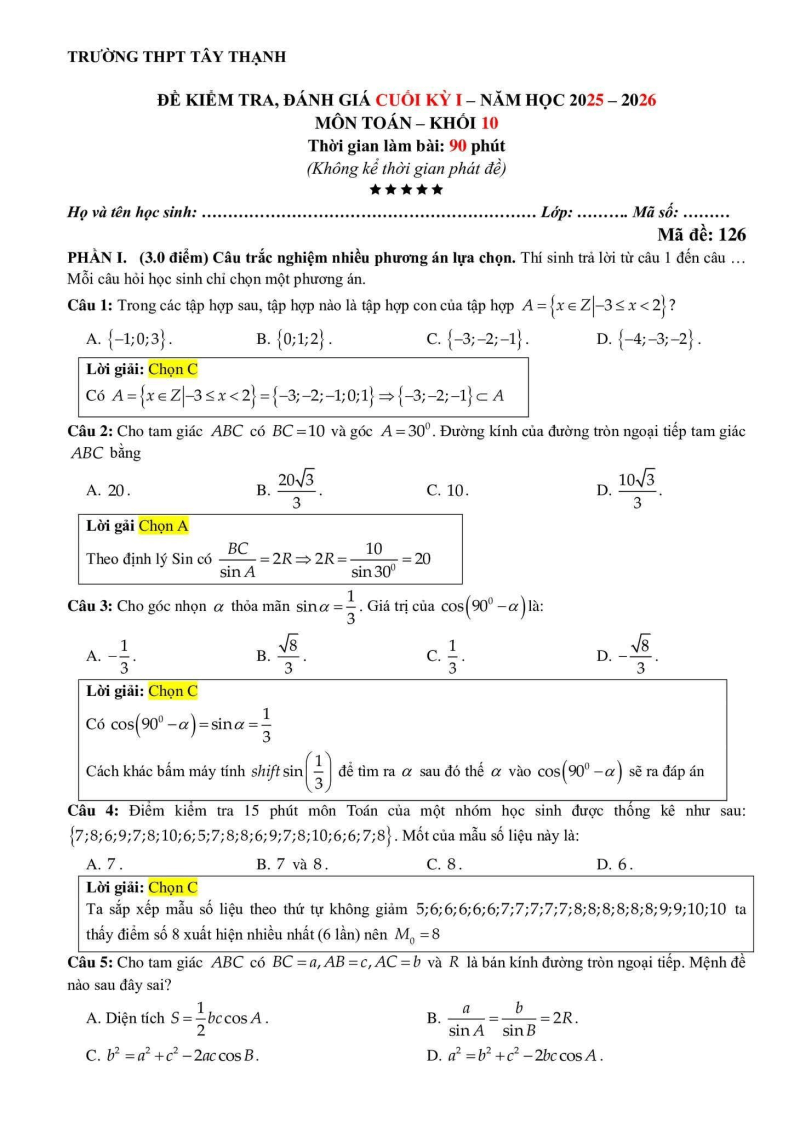 Đề thi Học kì 1 Toán 10 trường THPT Tây Thạnh (Tp.HCM) năm 2025-2026