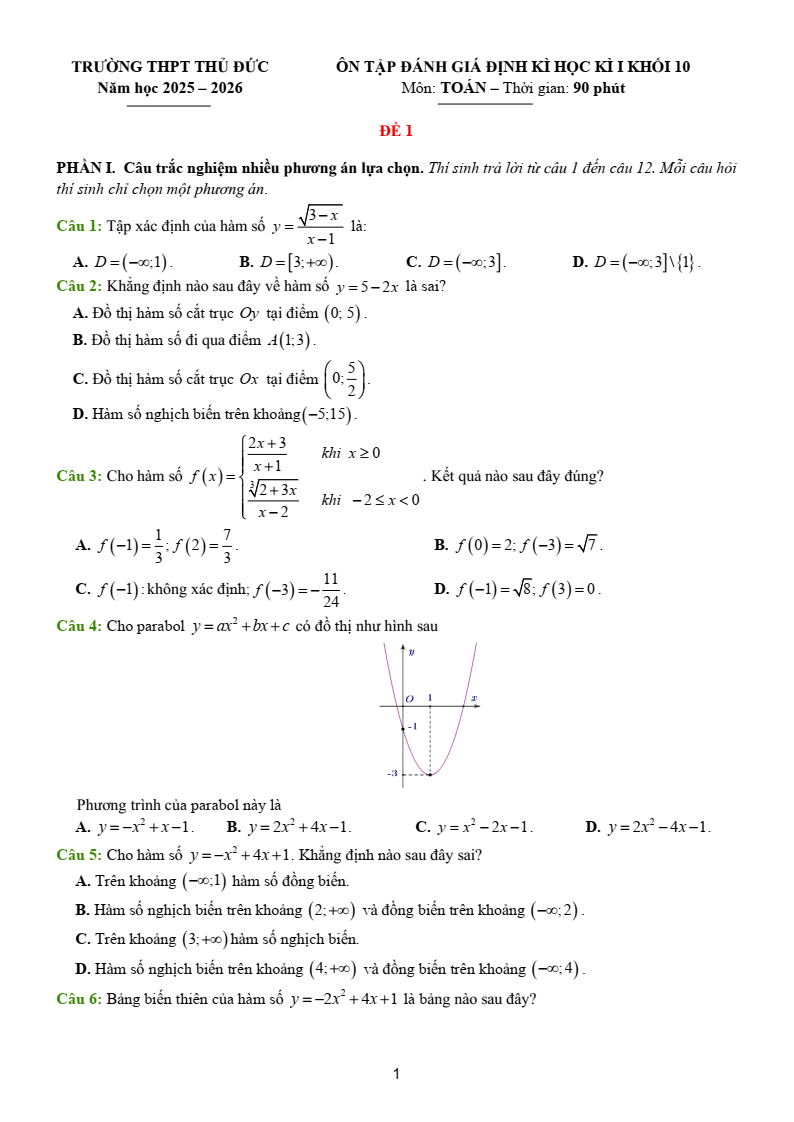Đề thi Học kì 1 Toán 10 trường THPT Thủ Đức (Tp.HCM) năm 2025-2026