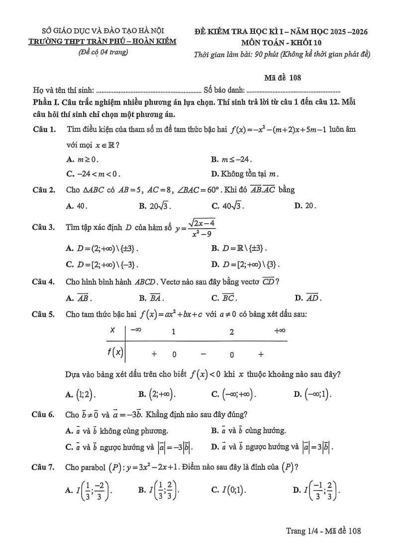 Đề thi Học kì 1 Toán 10 trường THPT Trần Phú (Hà Nội) năm 2025-2026