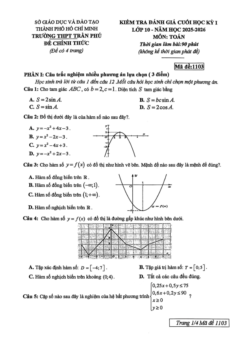 Đề thi Học kì 1 Toán 10 trường THPT Trần Phú (Tp.HCM) năm 2025-2026