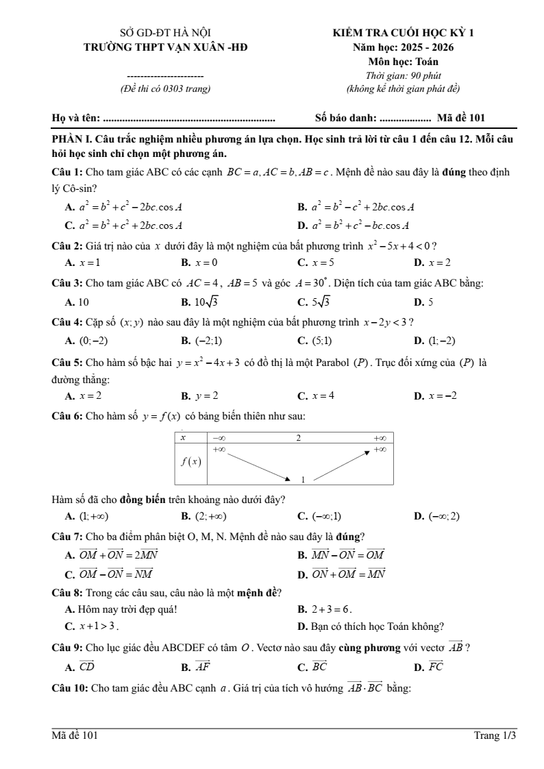 Đề thi Học kì 1 Toán 10 trường THPT Vạn Xuân (Hà Nội) năm 2025-2026