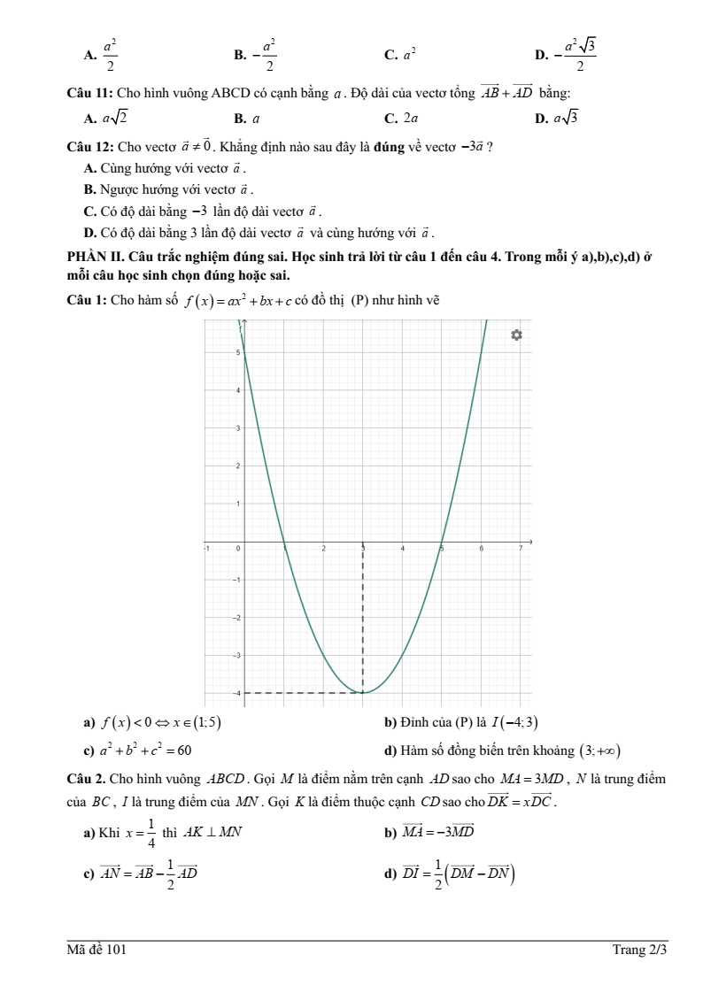 Đề thi Học kì 1 Toán 10 trường THPT Vạn Xuân (Hà Nội) năm 2025-2026