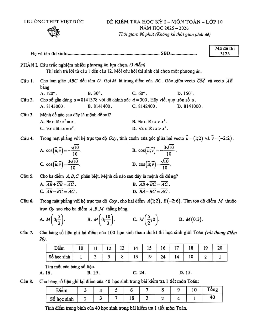 Đề thi Học kì 1 Toán 10 trường THPT Việt Đức (Hà Nội) năm 2025-2026