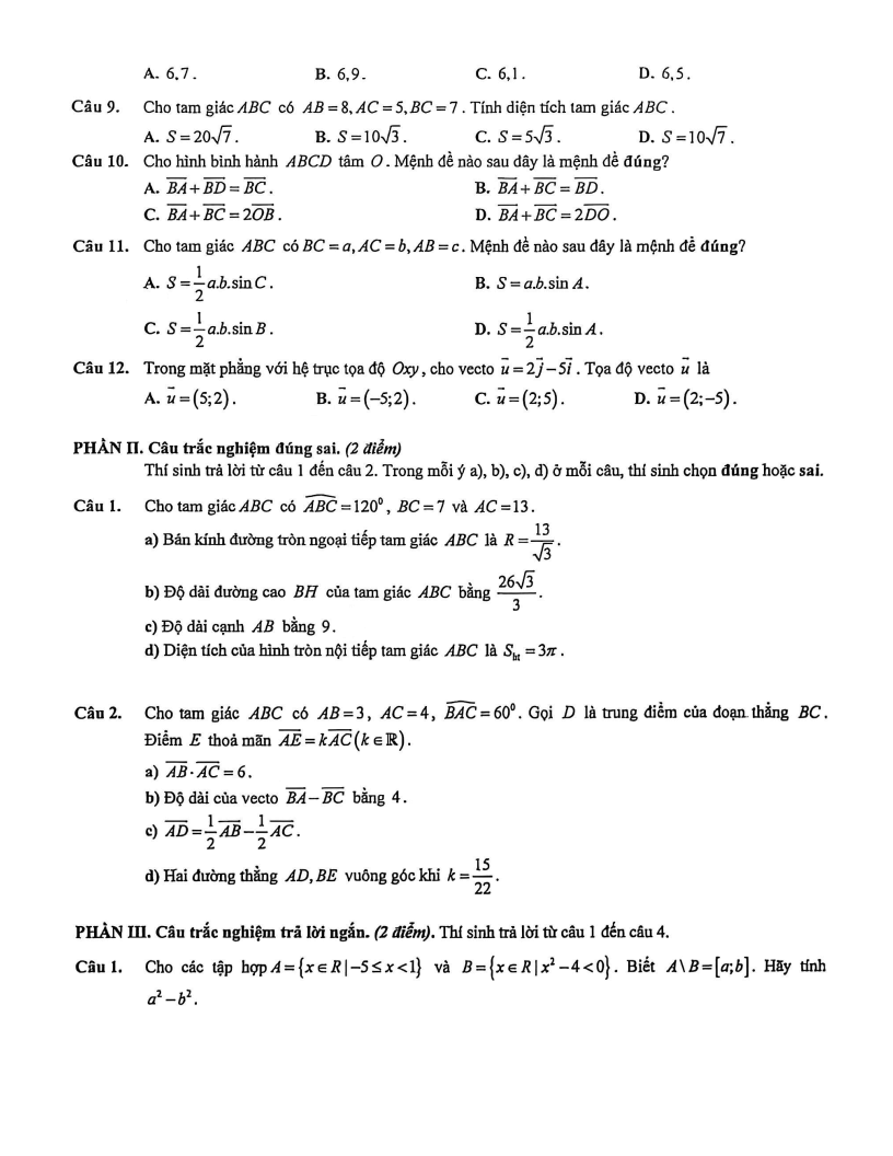 Đề thi Học kì 1 Toán 10 trường THPT Việt Đức (Hà Nội) năm 2025-2026