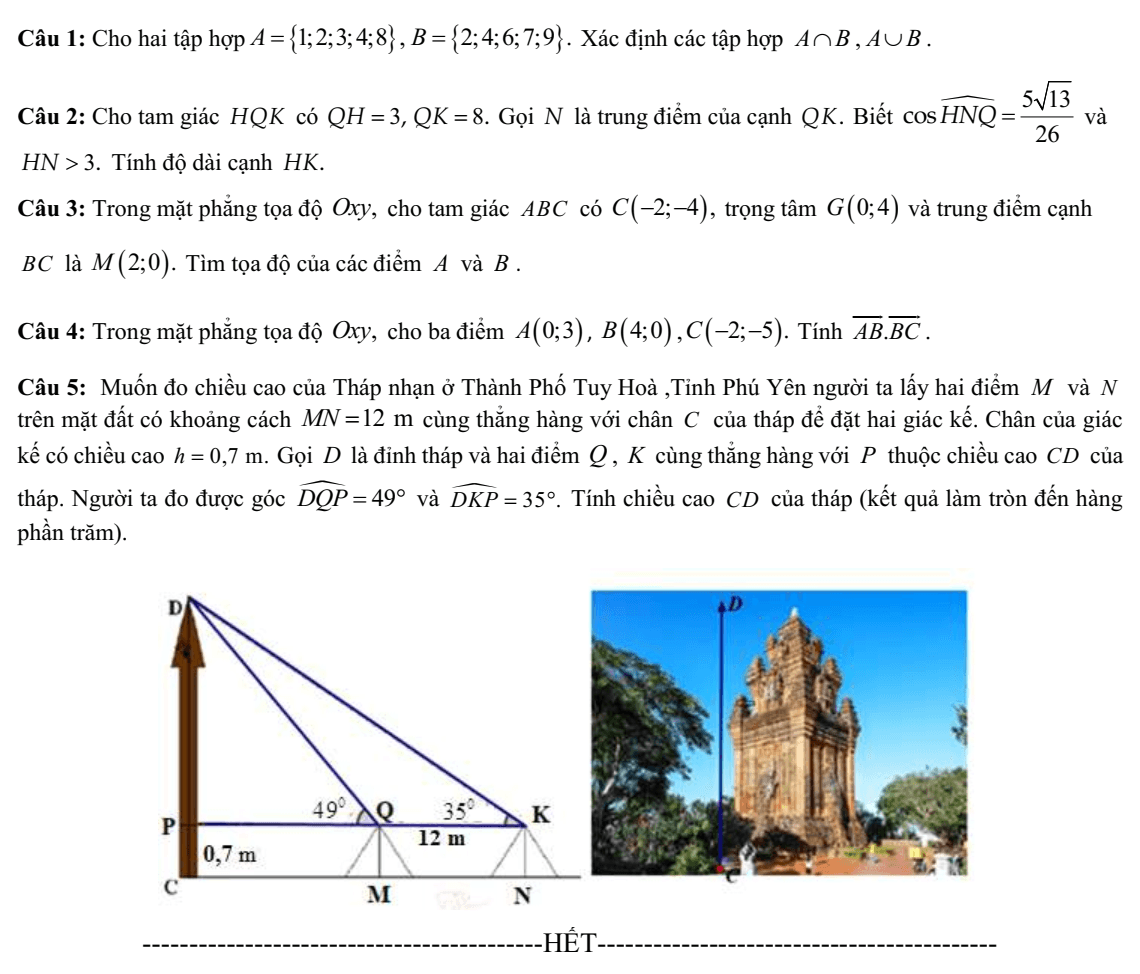 Đề thi Học kì 1 Toán 10 năm 2024-2025 trường THPT Ngô Gia Tự (Phú Yên)