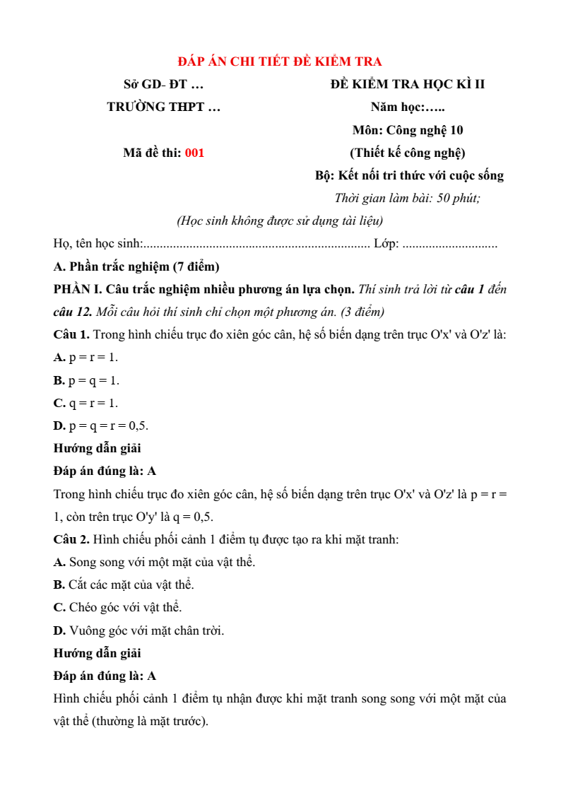 3 Đề thi Học kì 2 Thiết kế và công nghệ 10 Kết nối tri thức (có đáp án)