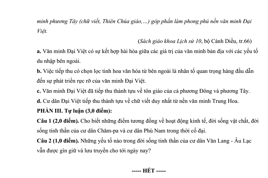Đề thi Học kì 2 Lịch Sử 10 năm 2024-2025 trường THPT Quế Sơn (Quảng Nam)
