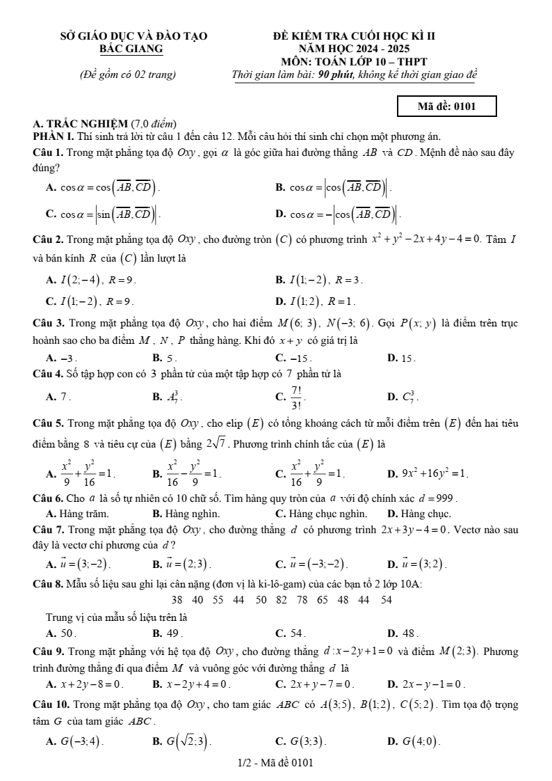 Đề thi Học kì 2 Toán 10 sở GD&ĐT Bắc Giang năm 2024-2025