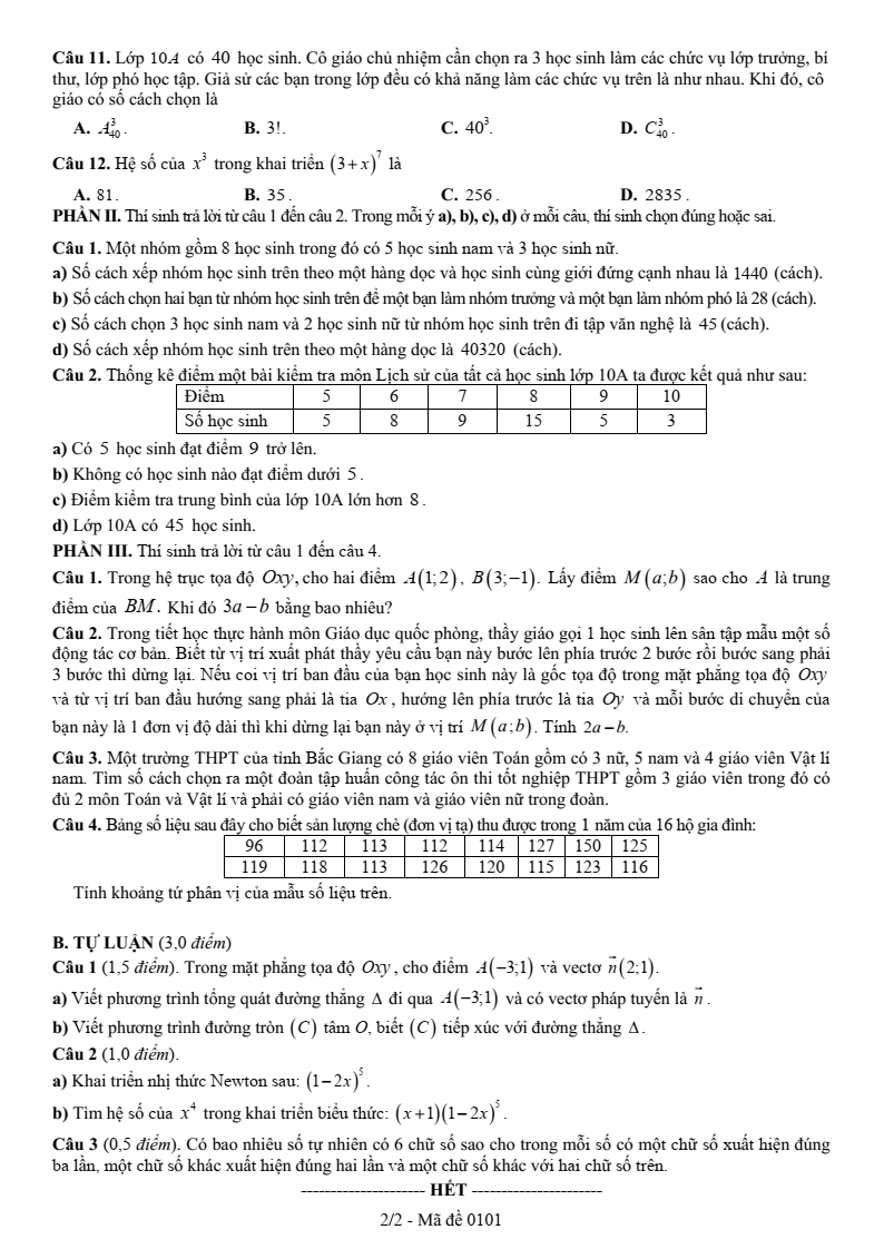 Đề thi Học kì 2 Toán 10 sở GD&ĐT Bắc Giang năm 2024-2025