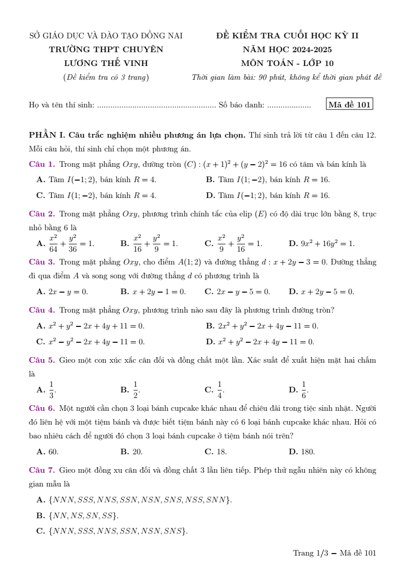 Đề thi Học kì 2 Toán 10 trường chuyên Lương Thế Vinh (Đồng Nai) năm 2024-2025