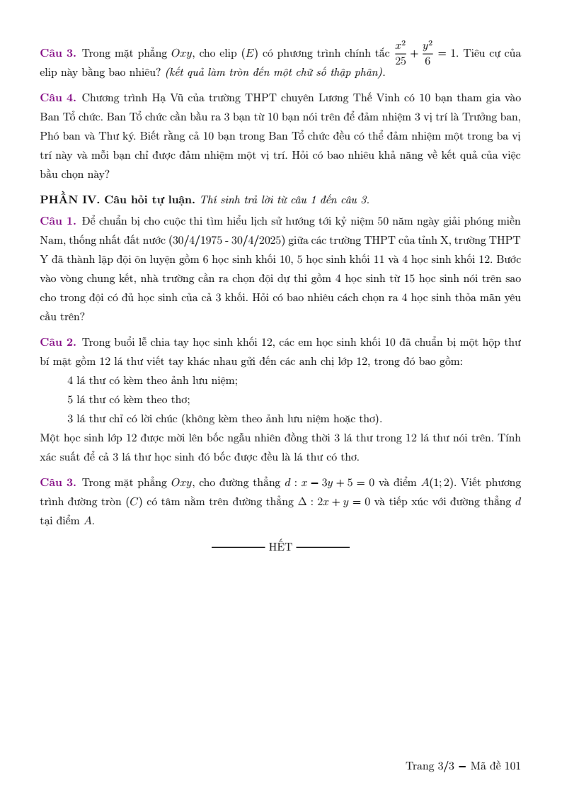 Đề thi Học kì 2 Toán 10 trường chuyên Lương Thế Vinh (Đồng Nai) năm 2024-2025