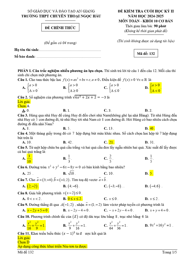 Đề thi Học kì 2 Toán 10 trường chuyên Thoại Ngọc Hầu (An Giang) năm 2024-2025
