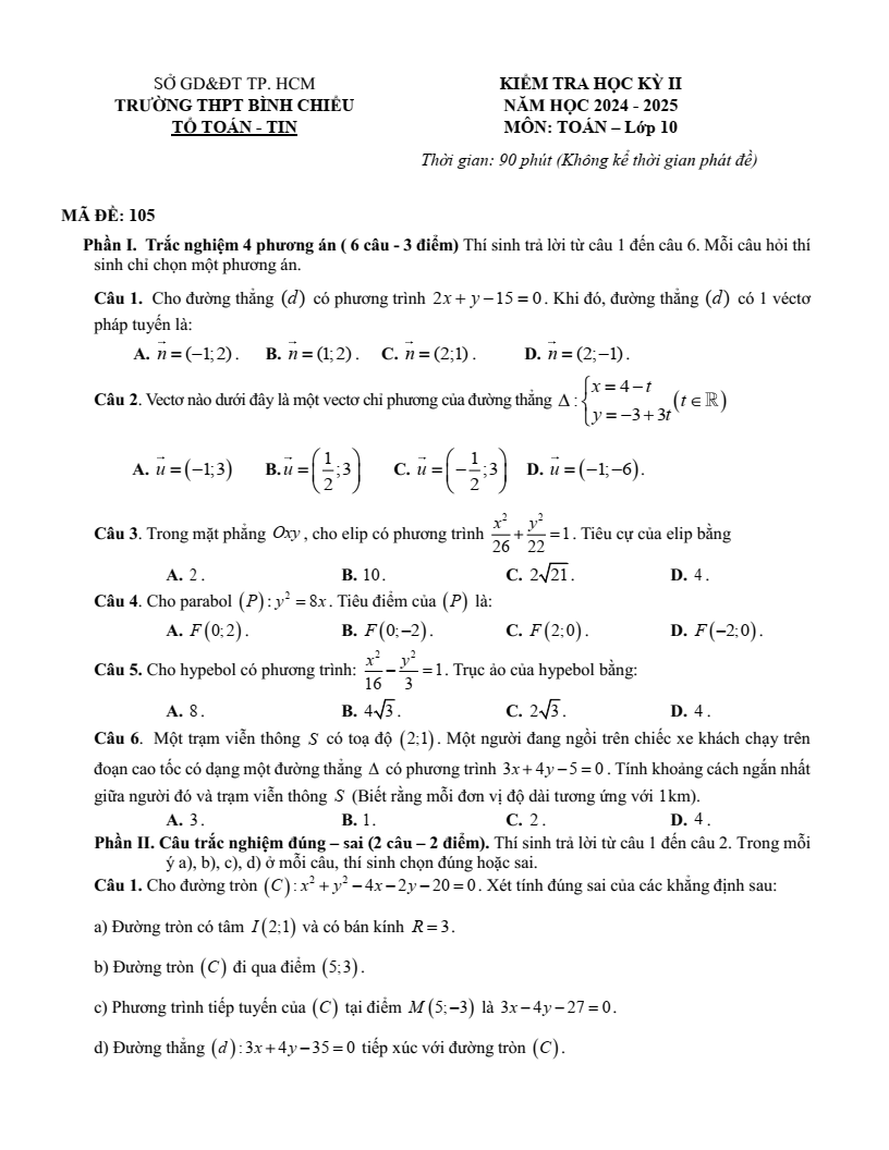 Đề thi Học kì 2 Toán 10 trường THPT Bình Chiểu (Tp.HCM) năm 2024-2025