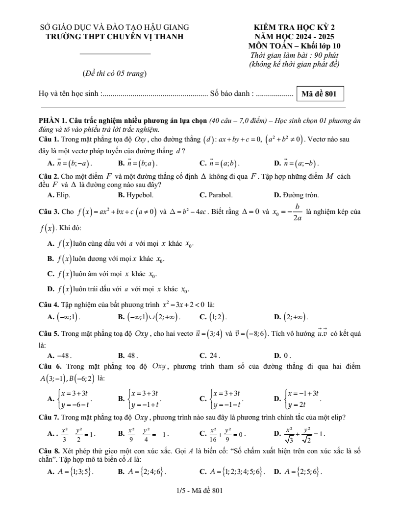 Đề thi Học kì 2 Toán 10 trường THPT chuyên Vị Thanh (Hậu Giang) năm 2024-2025
