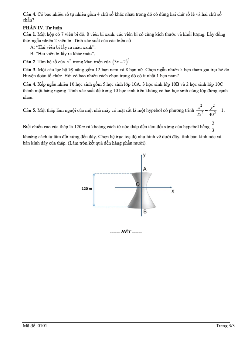 Đề thi Học kì 2 Toán 10 trường THPT Chế Lan Viên (Quảng Trị) năm 2024-2025