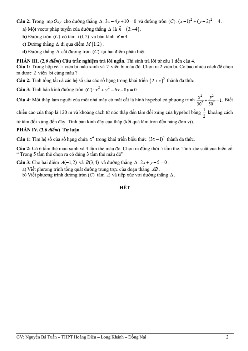 Đề thi Học kì 2 Toán 10 trường THPT Hoàng Diệu (Đồng Nai) năm 2024-2025
