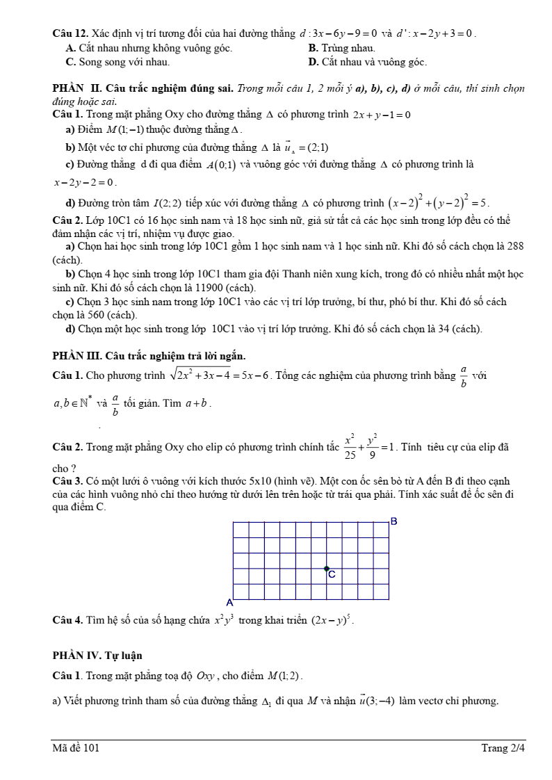 Đề thi Học kì 2 Toán 10 trường THPT Hùng Thắng (Hải Phòng) năm 2024-2025
